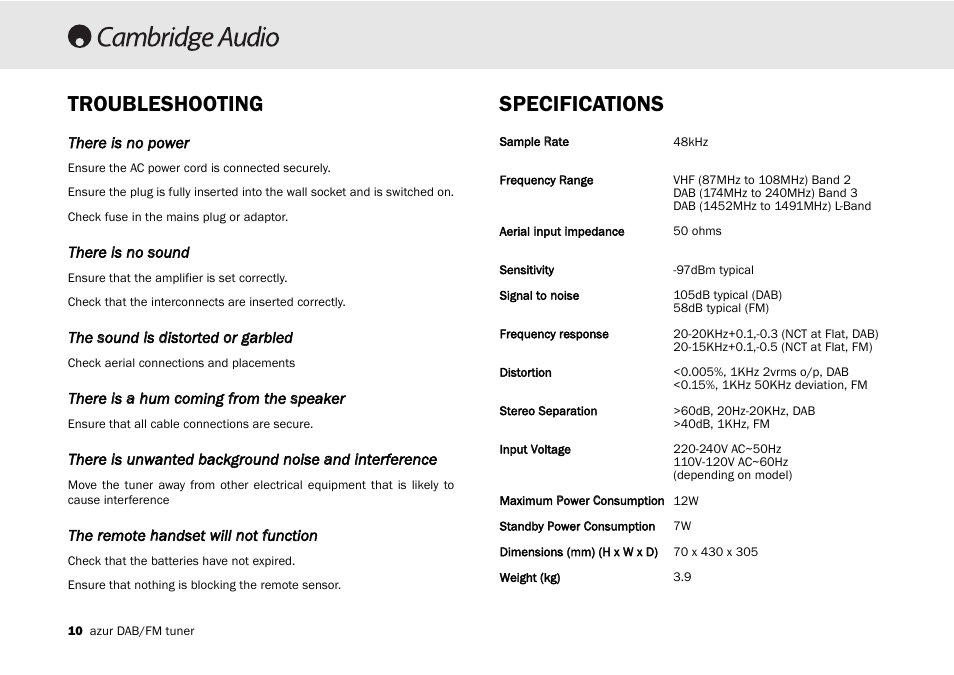 Troubleshooting specifications | Cambridge Audio Azur 640T User Manual | Page 10 / 84