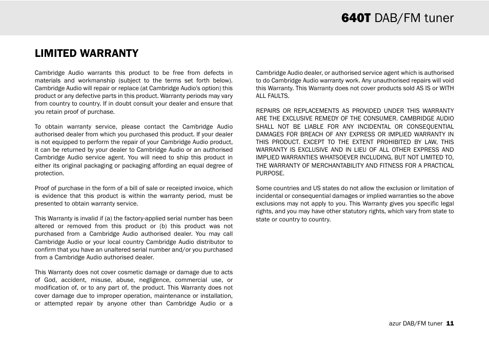 640t dab/fm tuner, Limited warranty | Cambridge Audio Azur 640T User Manual | Page 11 / 84