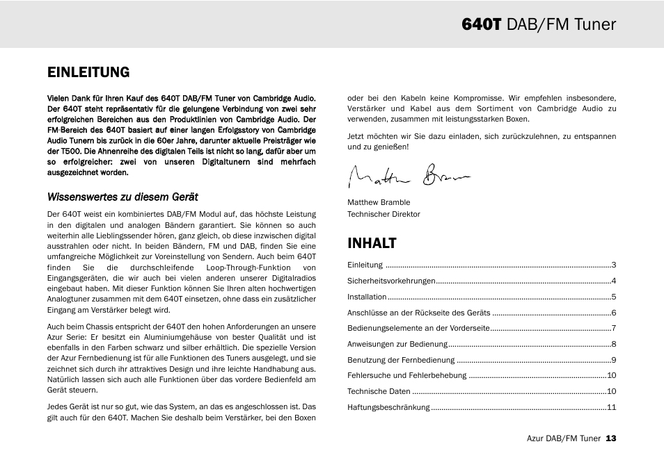 640t dab/fm tuner, Einleitung, Inhalt | Cambridge Audio Azur 640T User Manual | Page 13 / 84