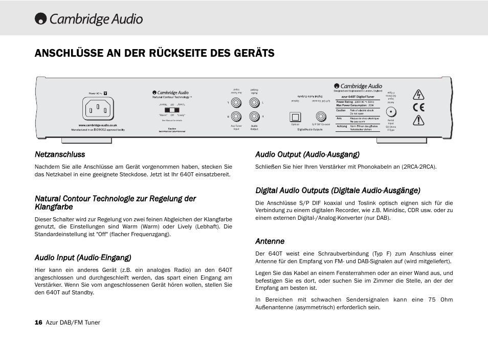 Anschlüsse an der rückseite des geräts, Netzanschluss, Audio iinput ((audio-eeingang) | Audio o output ((audio-aausgang), Antenne | Cambridge Audio Azur 640T User Manual | Page 16 / 84