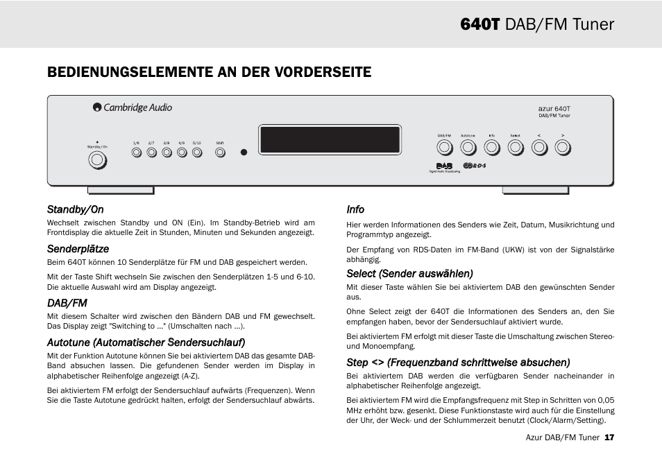 640t dab/fm tuner, Bedienungselemente an der vorderseite | Cambridge Audio Azur 640T User Manual | Page 17 / 84