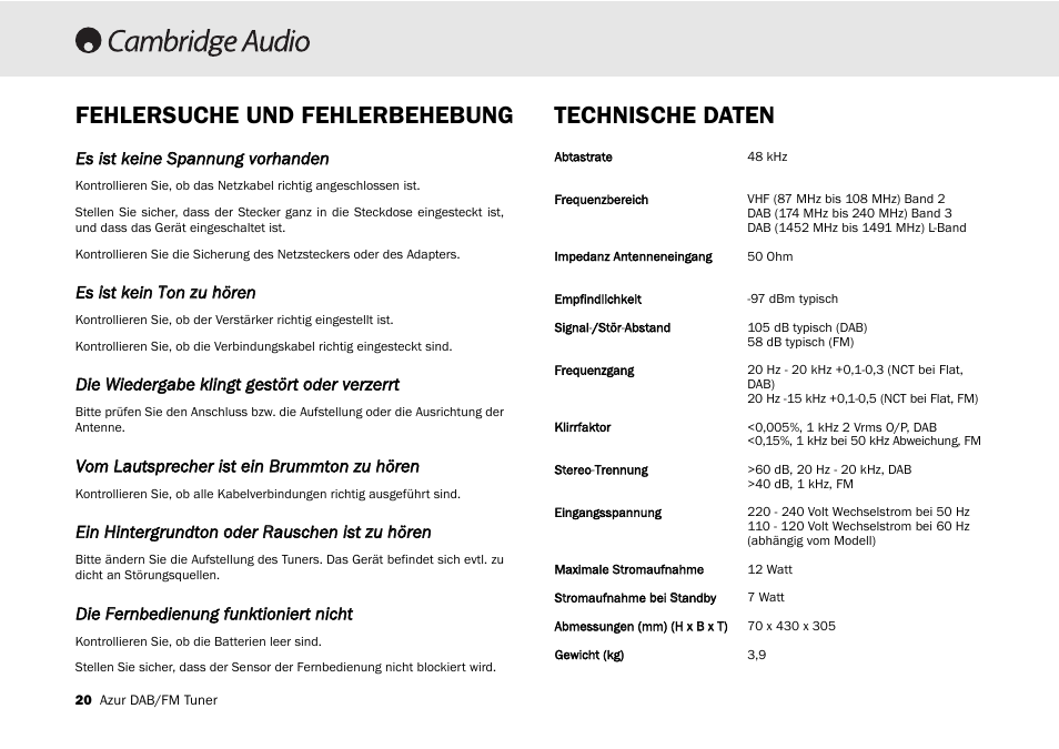 Fehlersuche und fehlerbehebung technische daten | Cambridge Audio Azur 640T User Manual | Page 20 / 84