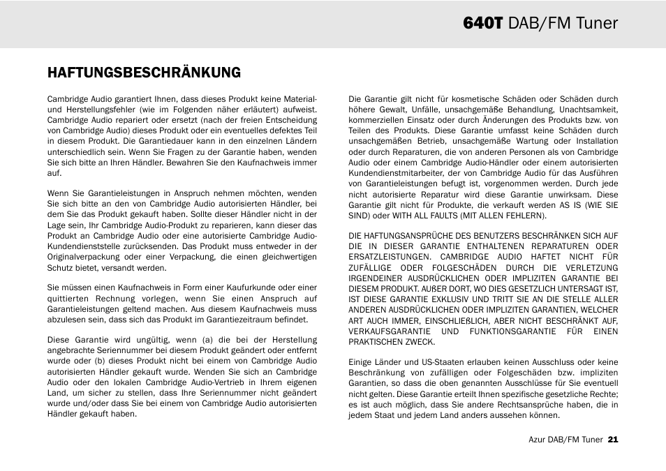 640t dab/fm tuner, Haftungsbeschränkung | Cambridge Audio Azur 640T User Manual | Page 21 / 84