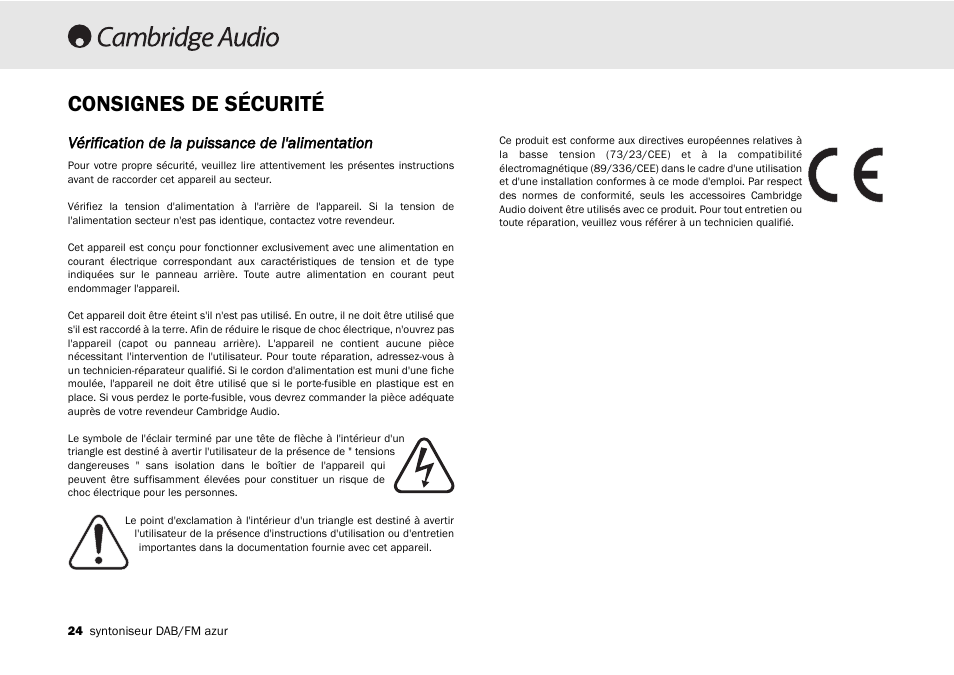 Consignes de sécurité | Cambridge Audio Azur 640T User Manual | Page 24 / 84