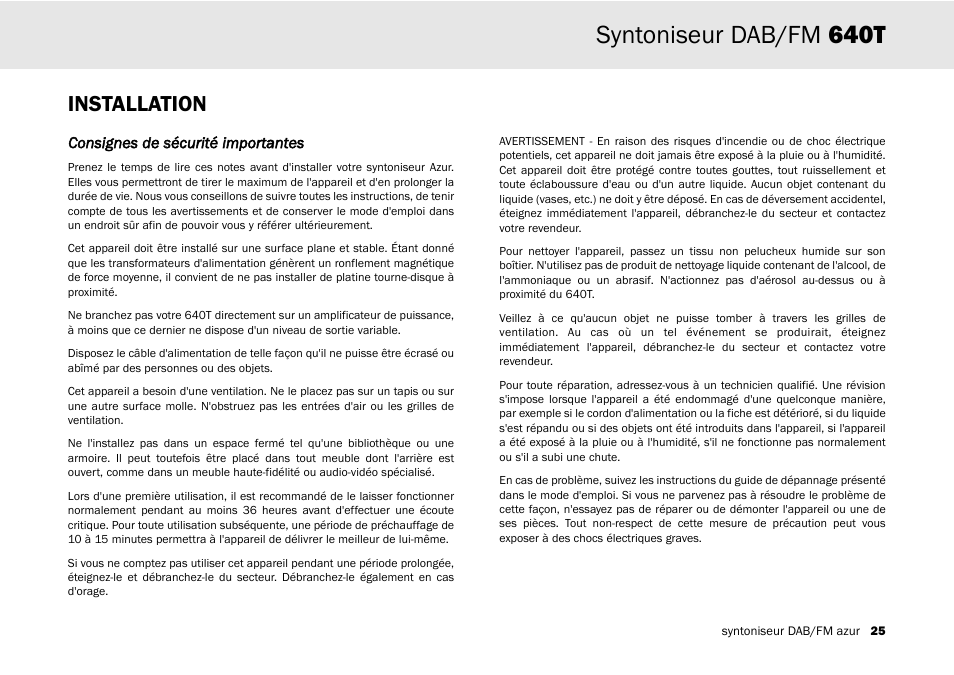 Syntoniseur dab/fm 640t, Installation | Cambridge Audio Azur 640T User Manual | Page 25 / 84