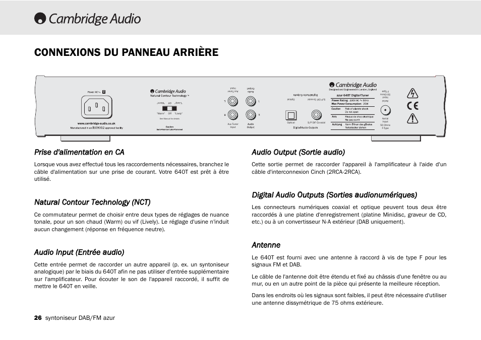 Connexions du panneau arrière, Prise dd'alimentation een c ca, Natural c contour ttechnology ((nct) | Audio iinput ((entrée aaudio), Audio o output ((sortie aaudio), Antenne | Cambridge Audio Azur 640T User Manual | Page 26 / 84