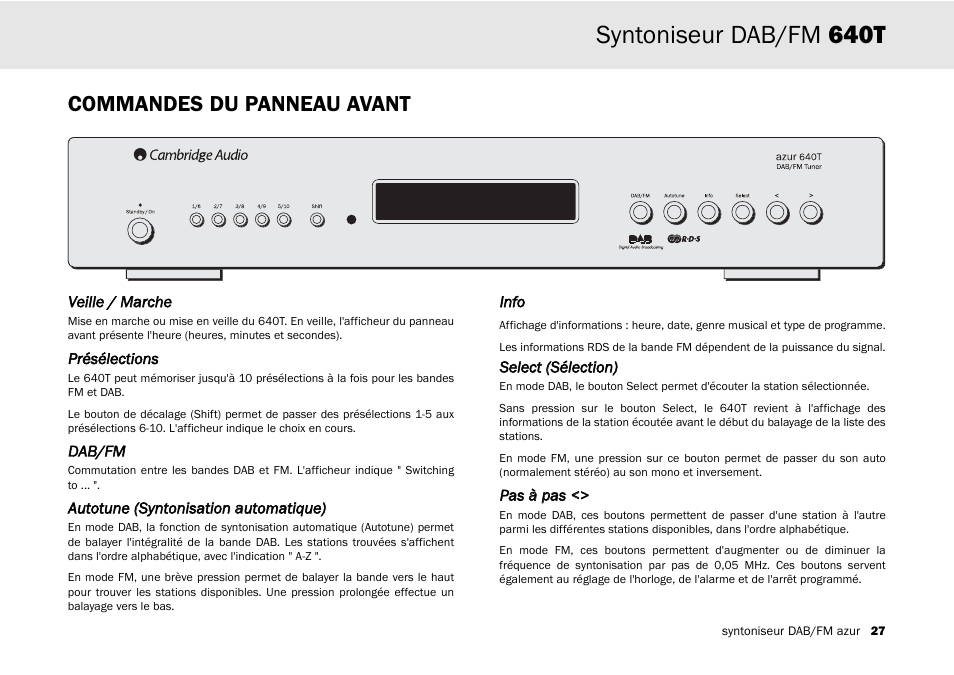 Syntoniseur dab/fm 640t, Commandes du panneau avant | Cambridge Audio Azur 640T User Manual | Page 27 / 84