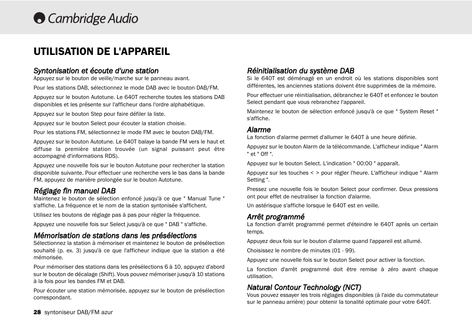 Utilisation de l'appareil | Cambridge Audio Azur 640T User Manual | Page 28 / 84