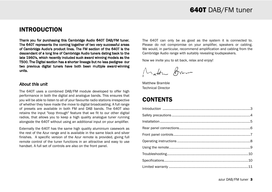 Cambridge Audio Azur 640T User Manual | Page 3 / 84