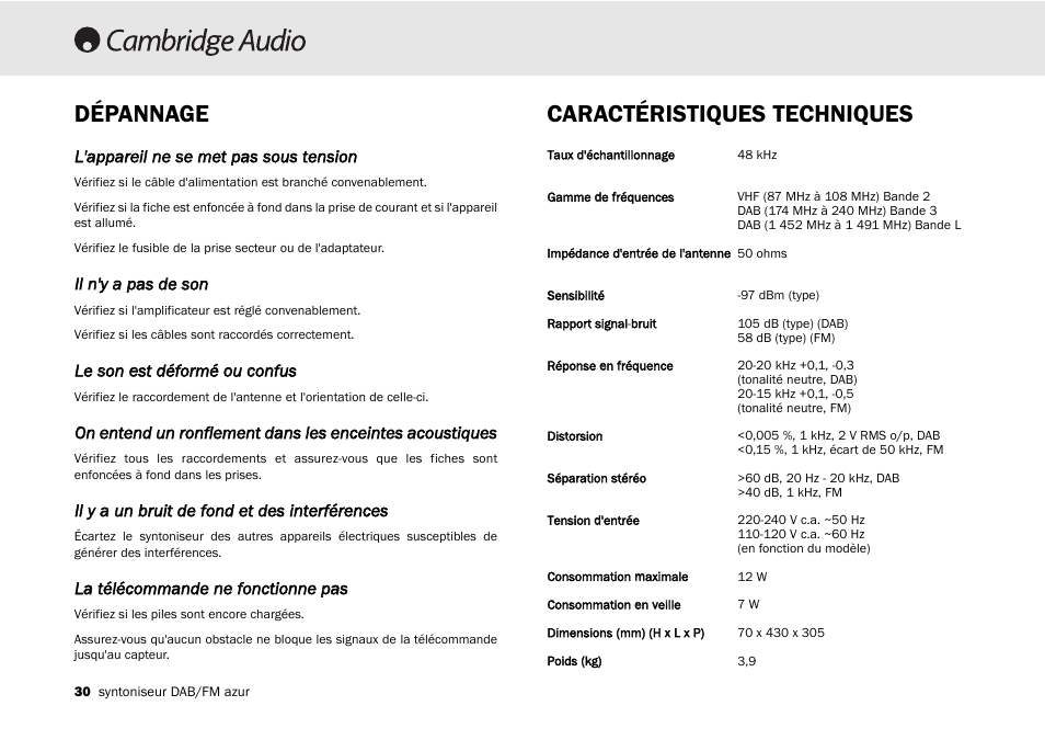 Dépannage caractéristiques techniques | Cambridge Audio Azur 640T User Manual | Page 30 / 84