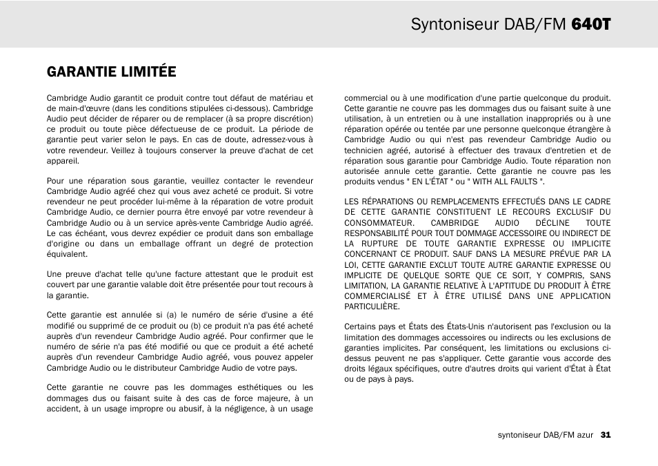 Syntoniseur dab/fm 640t, Garantie limitée | Cambridge Audio Azur 640T User Manual | Page 31 / 84