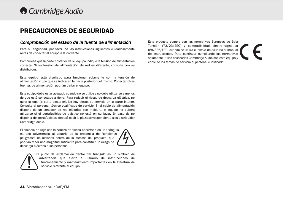 Precauciones de seguridad | Cambridge Audio Azur 640T User Manual | Page 34 / 84