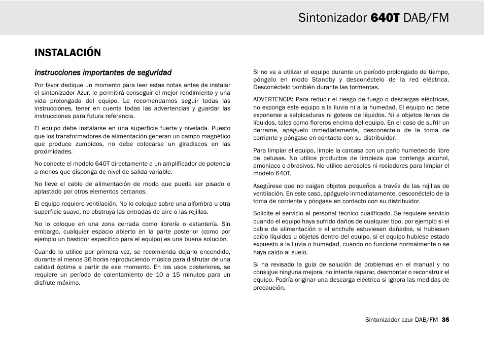 Sintonizador 640t dab/fm, Instalación | Cambridge Audio Azur 640T User Manual | Page 35 / 84