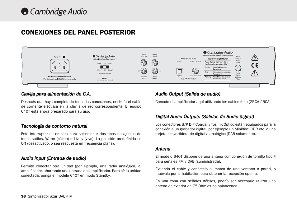 Conexiones del panel posterior, Clavija ppara aalimentación dde c c.a, Tecnología dde ccontorno nnatural | Audio iinput ((entrada dde aaudio), Audio o output ((salida dde aaudio), Antena | Cambridge Audio Azur 640T User Manual | Page 36 / 84