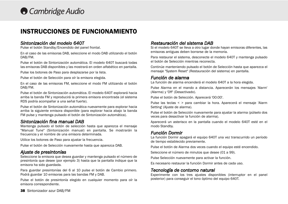 Instrucciones de funcionamiento | Cambridge Audio Azur 640T User Manual | Page 38 / 84