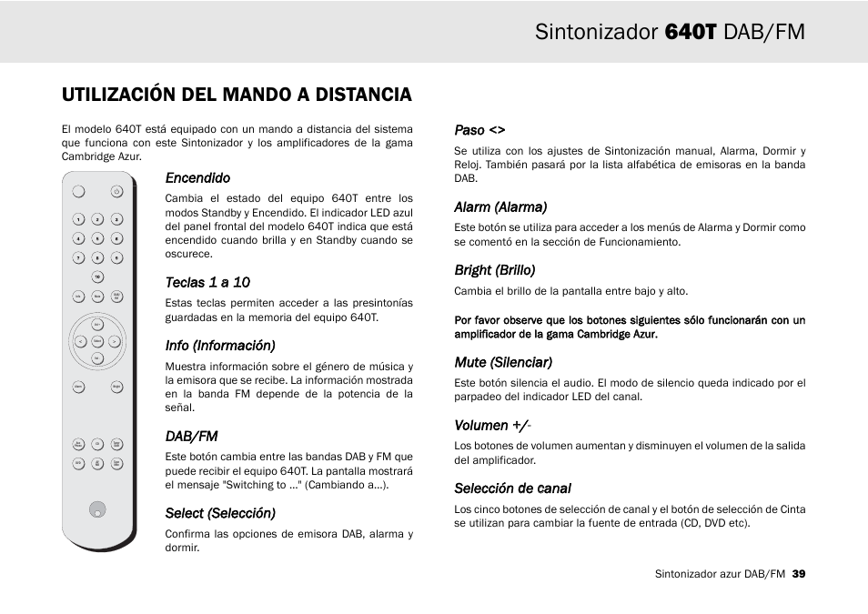 Sintonizador 640t dab/fm, Utilización del mando a distancia, Encendido | Info ((información), Dab/fm, Select ((selección), Paso, Alarm ((alarma), Bright ((brillo), Mute ((silenciar) | Cambridge Audio Azur 640T User Manual | Page 39 / 84