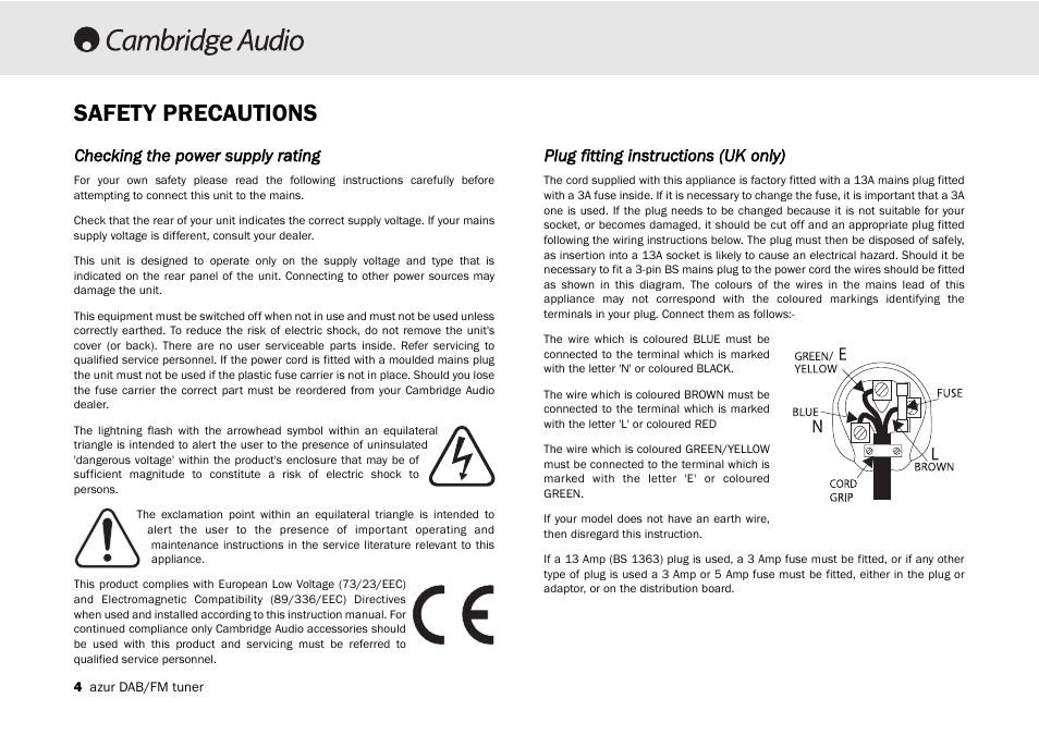 Safety precautions, Checking tthe ppower ssupply rrating, Plug ffitting iinstructions ((uk only) | Cambridge Audio Azur 640T User Manual | Page 4 / 84