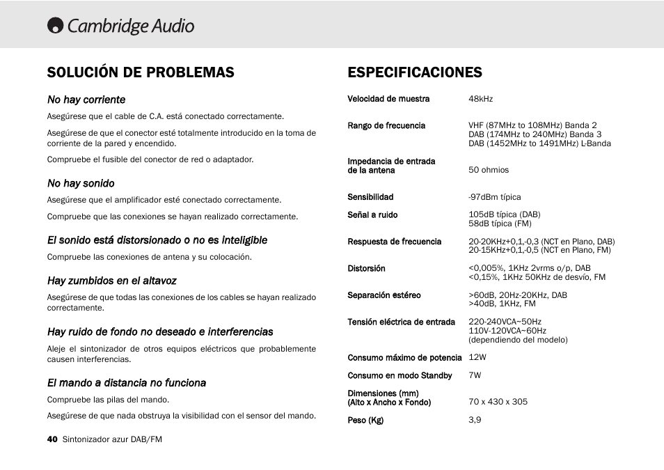 Solución de problemas especificaciones | Cambridge Audio Azur 640T User Manual | Page 40 / 84