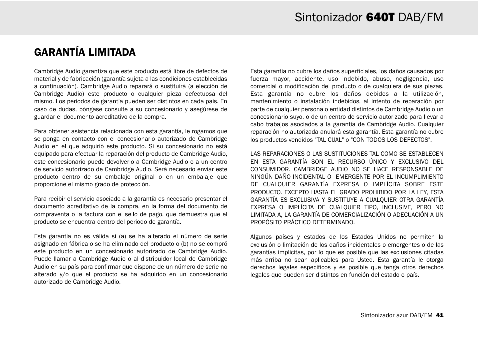 Sintonizador 640t dab/fm, Garantía limitada | Cambridge Audio Azur 640T User Manual | Page 41 / 84