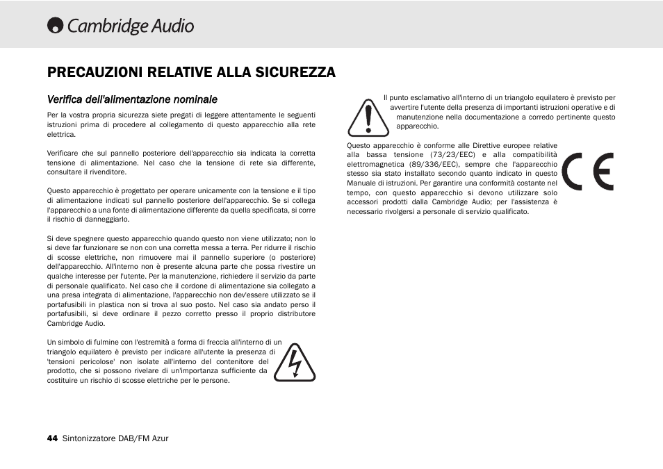 Precauzioni relative alla sicurezza, Verifica ddell'alimentazione nnominale | Cambridge Audio Azur 640T User Manual | Page 44 / 84