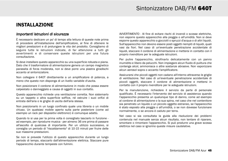 Sintonizzatore dab/fm 640t, Installazione | Cambridge Audio Azur 640T User Manual | Page 45 / 84