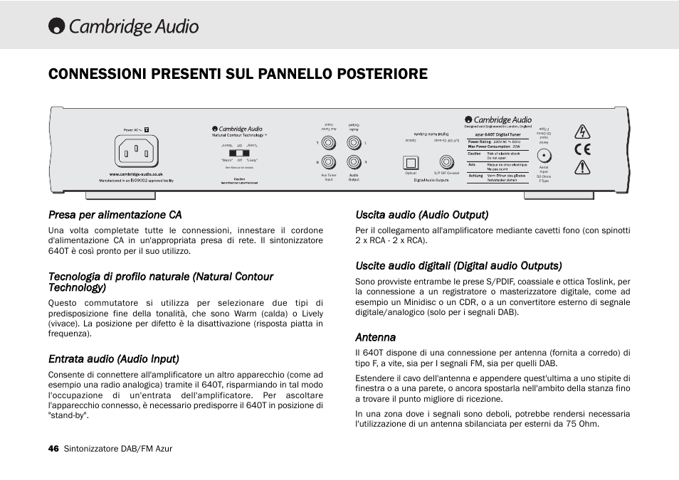 Connessioni presenti sul pannello posteriore, Presa pper aalimentazione c ca, Entrata aaudio ((audio iinput) | Uscita aaudio ((audio o output), Antenna | Cambridge Audio Azur 640T User Manual | Page 46 / 84