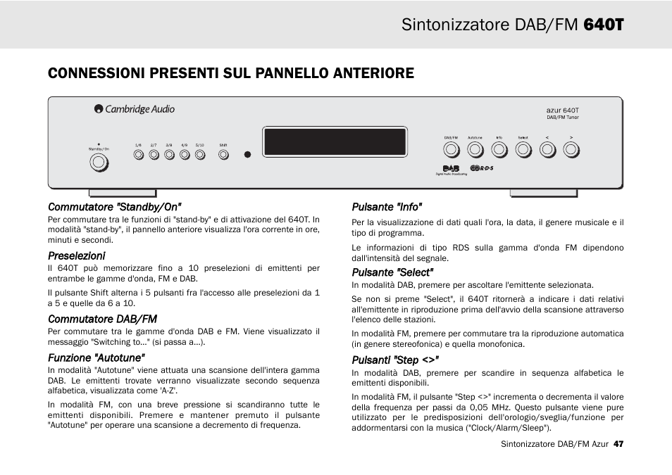 Sintonizzatore dab/fm 640t, Connessioni presenti sul pannello anteriore | Cambridge Audio Azur 640T User Manual | Page 47 / 84