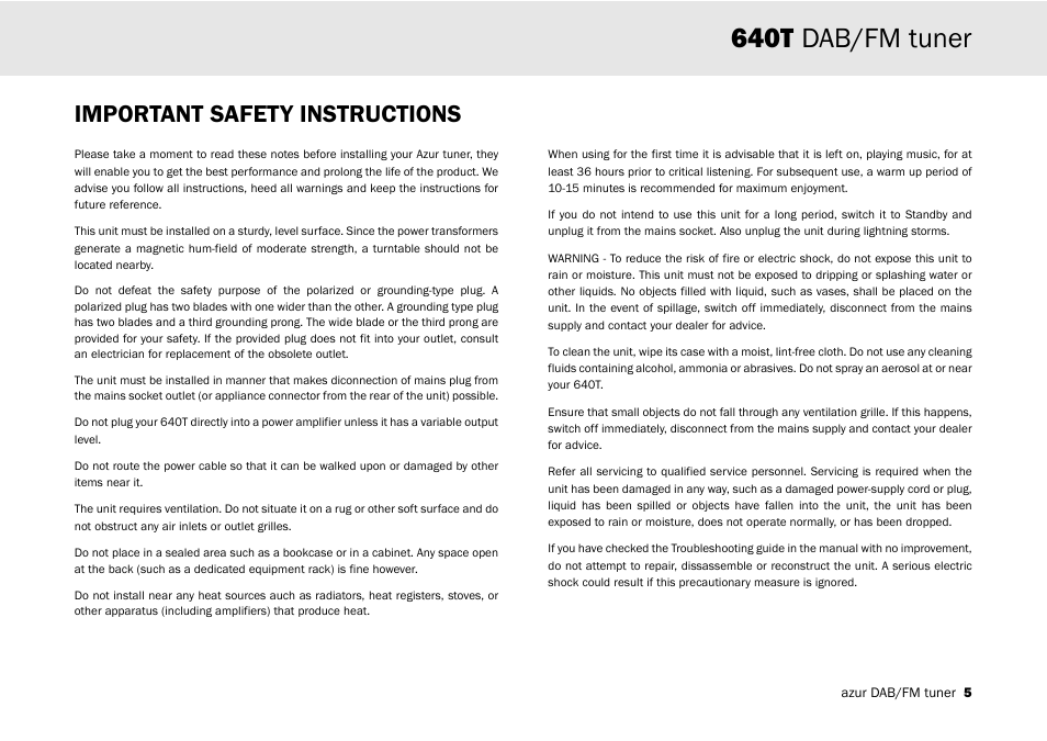 640t dab/fm tuner, Important safety instructions | Cambridge Audio Azur 640T User Manual | Page 5 / 84