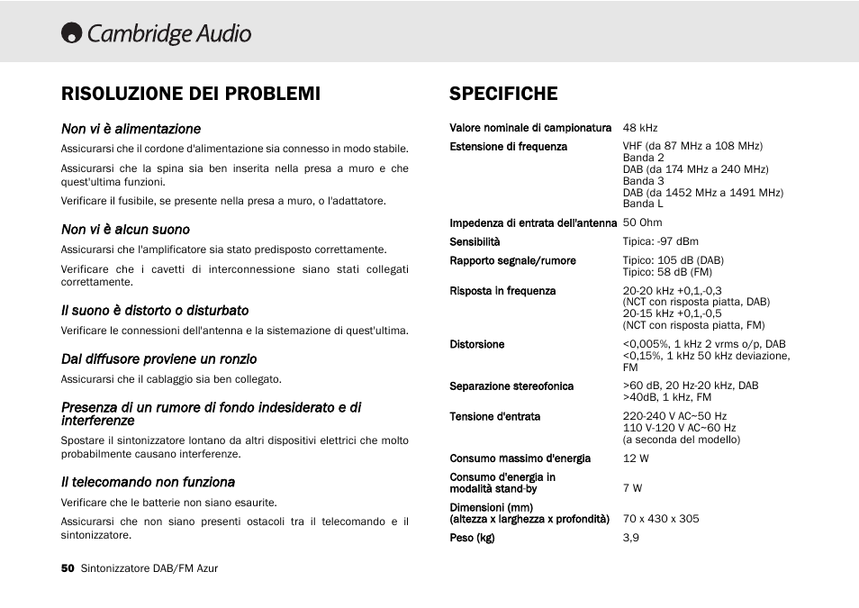 Risoluzione dei problemi specifiche | Cambridge Audio Azur 640T User Manual | Page 50 / 84