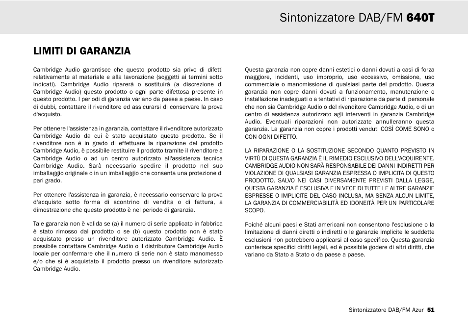 Sintonizzatore dab/fm 640t, Limiti di garanzia | Cambridge Audio Azur 640T User Manual | Page 51 / 84