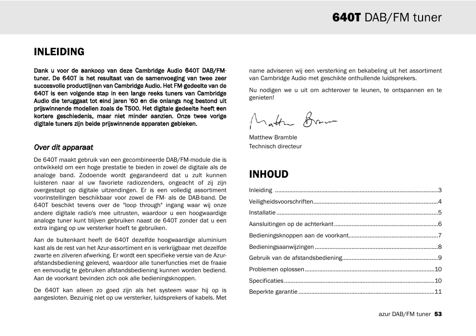 640t dab/fm tuner, Inleiding, Inhoud | Cambridge Audio Azur 640T User Manual | Page 53 / 84