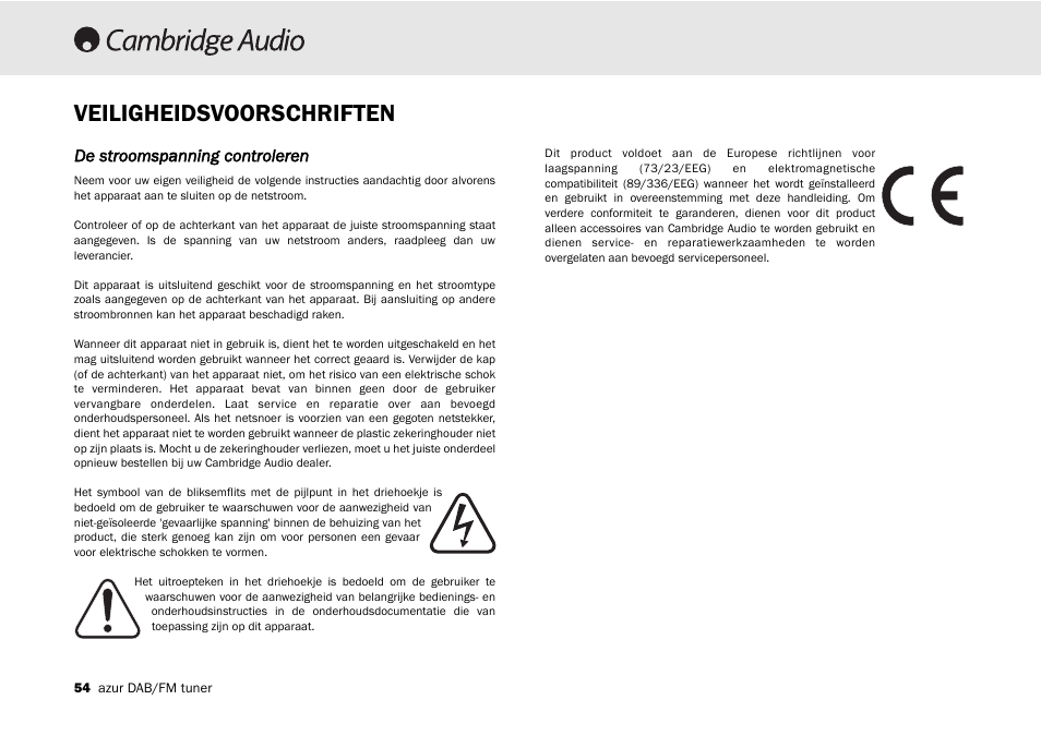 Veiligheidsvoorschriften, De sstroomspanning ccontroleren | Cambridge Audio Azur 640T User Manual | Page 54 / 84