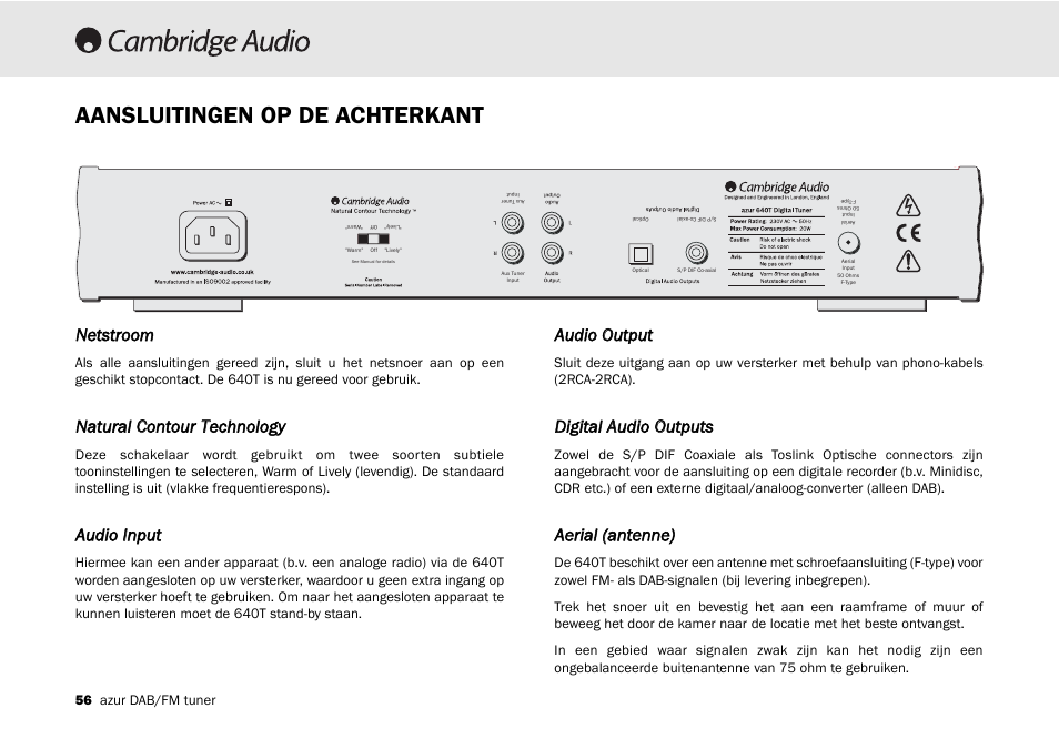 Aansluitingen op de achterkant, Netstroom, Natural c contour ttechnology | Audio iinput, Audio o output, Digital aaudio o outputs, Aerial ((antenne) | Cambridge Audio Azur 640T User Manual | Page 56 / 84