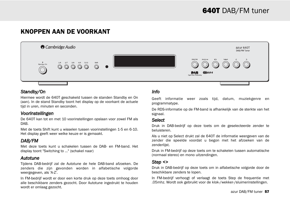 640t dab/fm tuner, Knoppen aan de voorkant | Cambridge Audio Azur 640T User Manual | Page 57 / 84