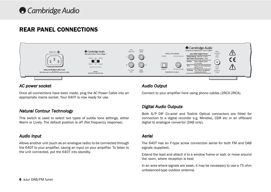 Rear panel connections, Ac ppower ssocket, Natural c contour ttechnology | Audio iinput, Audio o output, Digital aaudio o outputs, Aerial | Cambridge Audio Azur 640T User Manual | Page 6 / 84