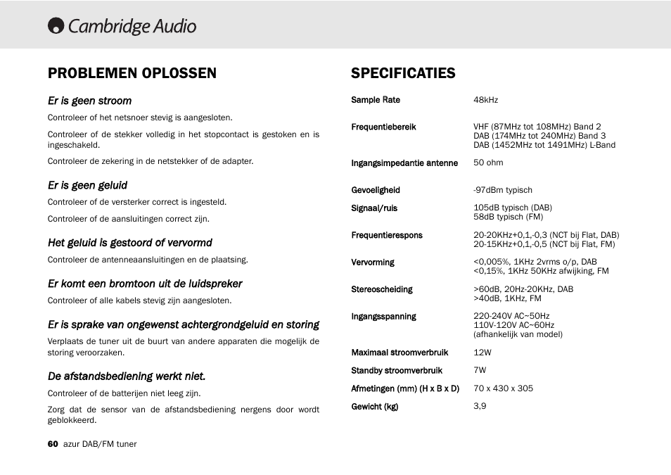 Problemen oplossen specificaties | Cambridge Audio Azur 640T User Manual | Page 60 / 84