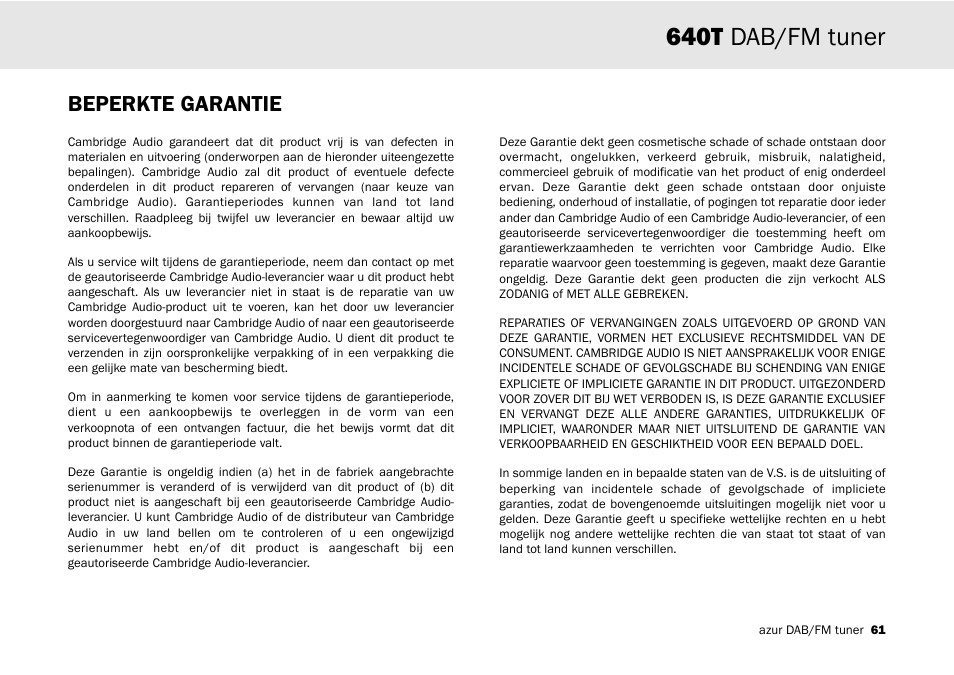 640t dab/fm tuner, Beperkte garantie | Cambridge Audio Azur 640T User Manual | Page 61 / 84