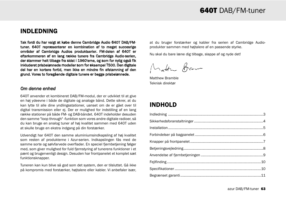 640t dab/fm-tuner, Indledning, Indhold | Cambridge Audio Azur 640T User Manual | Page 63 / 84