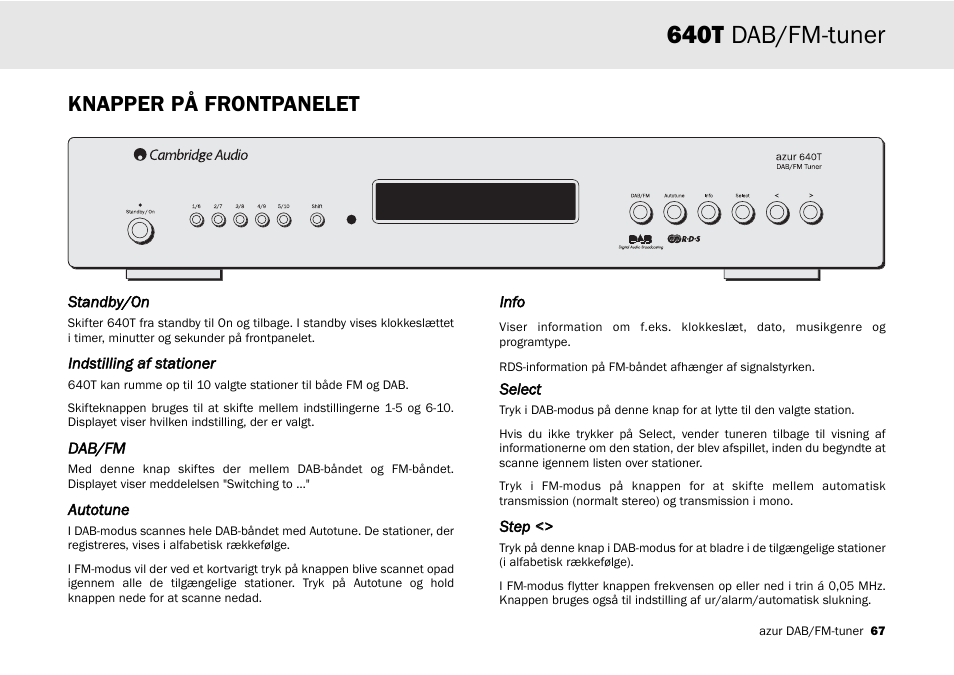 640t dab/fm-tuner, Knapper på frontpanelet | Cambridge Audio Azur 640T User Manual | Page 67 / 84