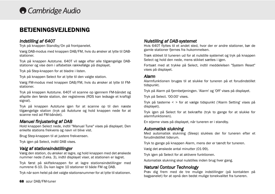 Betjeningsvejledning | Cambridge Audio Azur 640T User Manual | Page 68 / 84