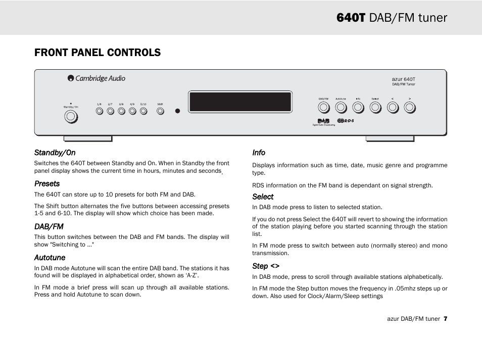 640t dab/fm tuner, Front panel controls | Cambridge Audio Azur 640T User Manual | Page 7 / 84