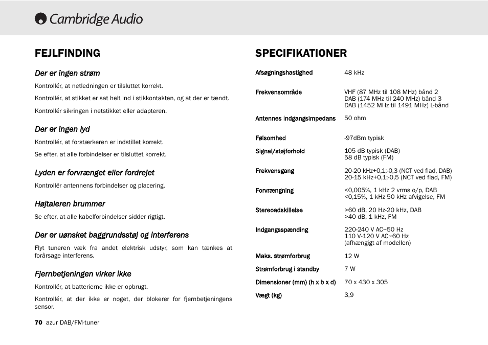 Fejlfinding specifikationer | Cambridge Audio Azur 640T User Manual | Page 70 / 84