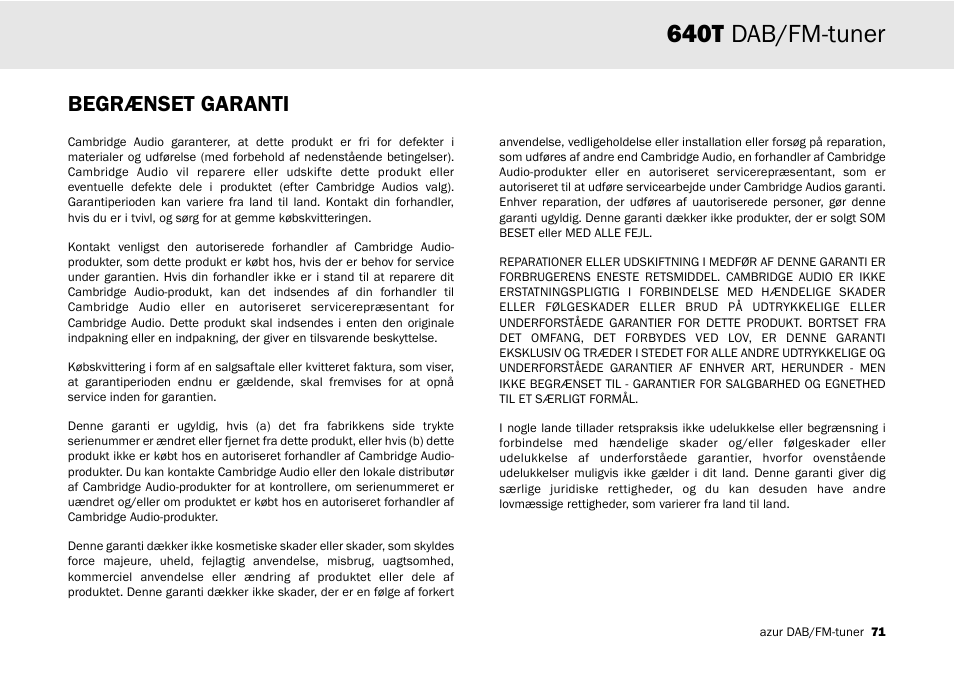 640t dab/fm-tuner, Begrænset garanti | Cambridge Audio Azur 640T User Manual | Page 71 / 84