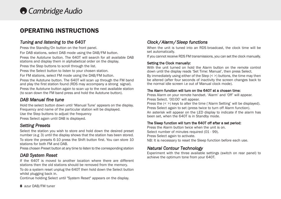 Operating instructions | Cambridge Audio Azur 640T User Manual | Page 8 / 84