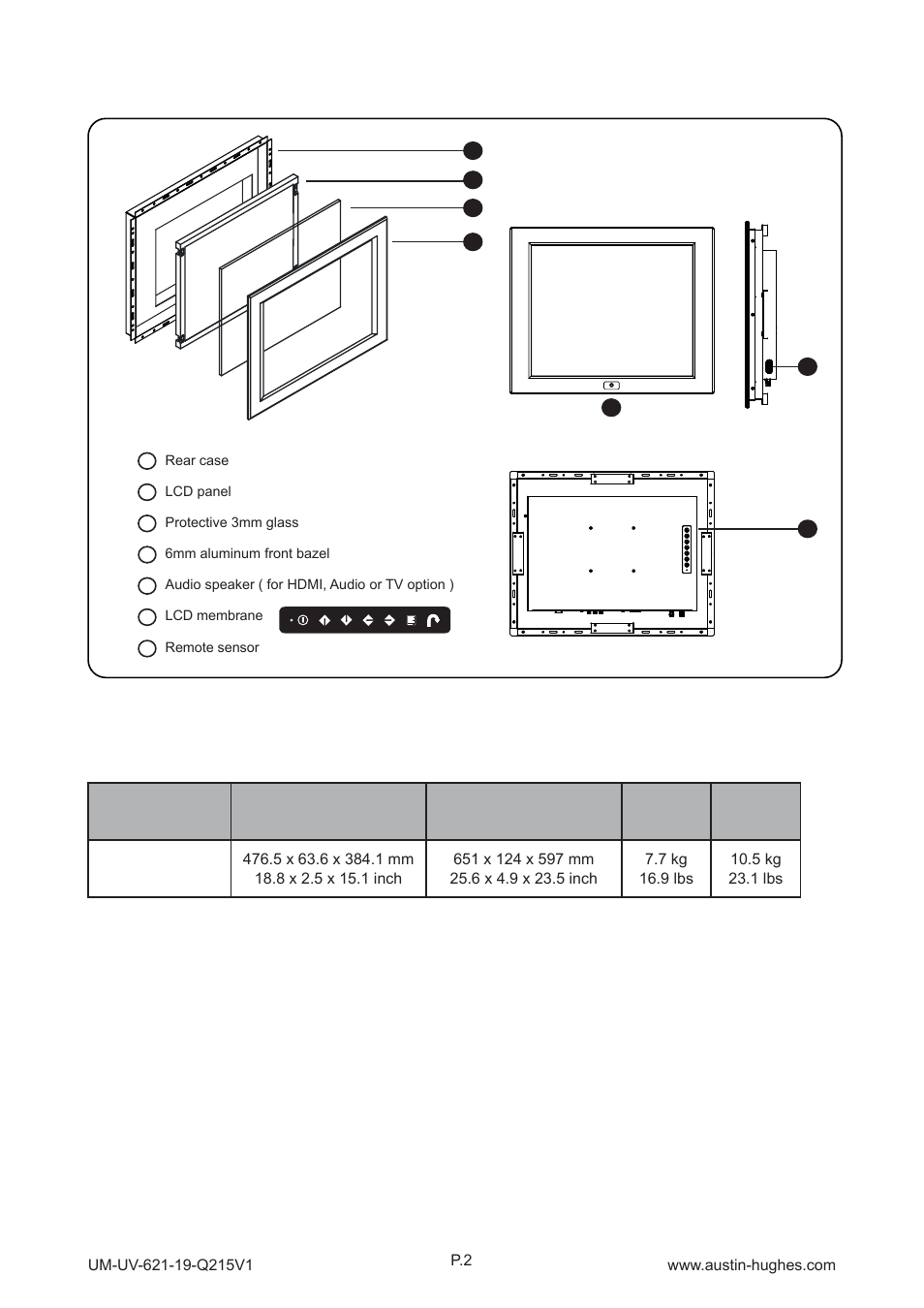 19" lcd display front view, Rear view | Austin Hughes OP-19 User Manual | Page 7 / 32