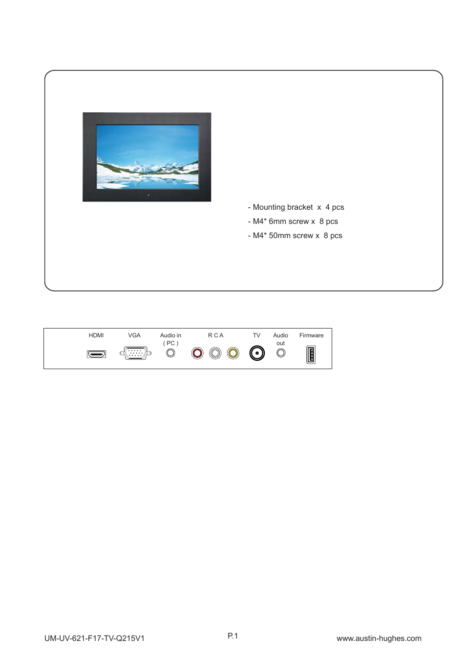 1 > package content - ap / nap-f17-tv, Mounting hardware x 1 pack | Austin Hughes OP-F17-TV User Manual | Page 6 / 40
