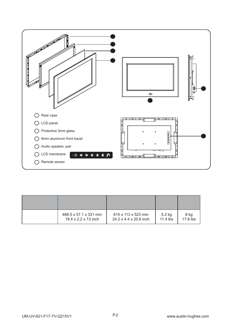 2 > structure diagram - ap / nap-f17-tv, Ap-f17-tv nap-f17-tv, 17" fhd lcd display | Front view, Rear view | Austin Hughes OP-F17-TV User Manual | Page 7 / 40