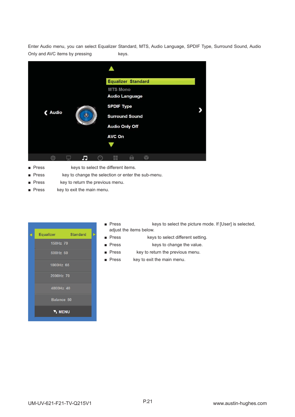 3 > audio menu | Austin Hughes OP-F21-TV User Manual | Page 26 / 40