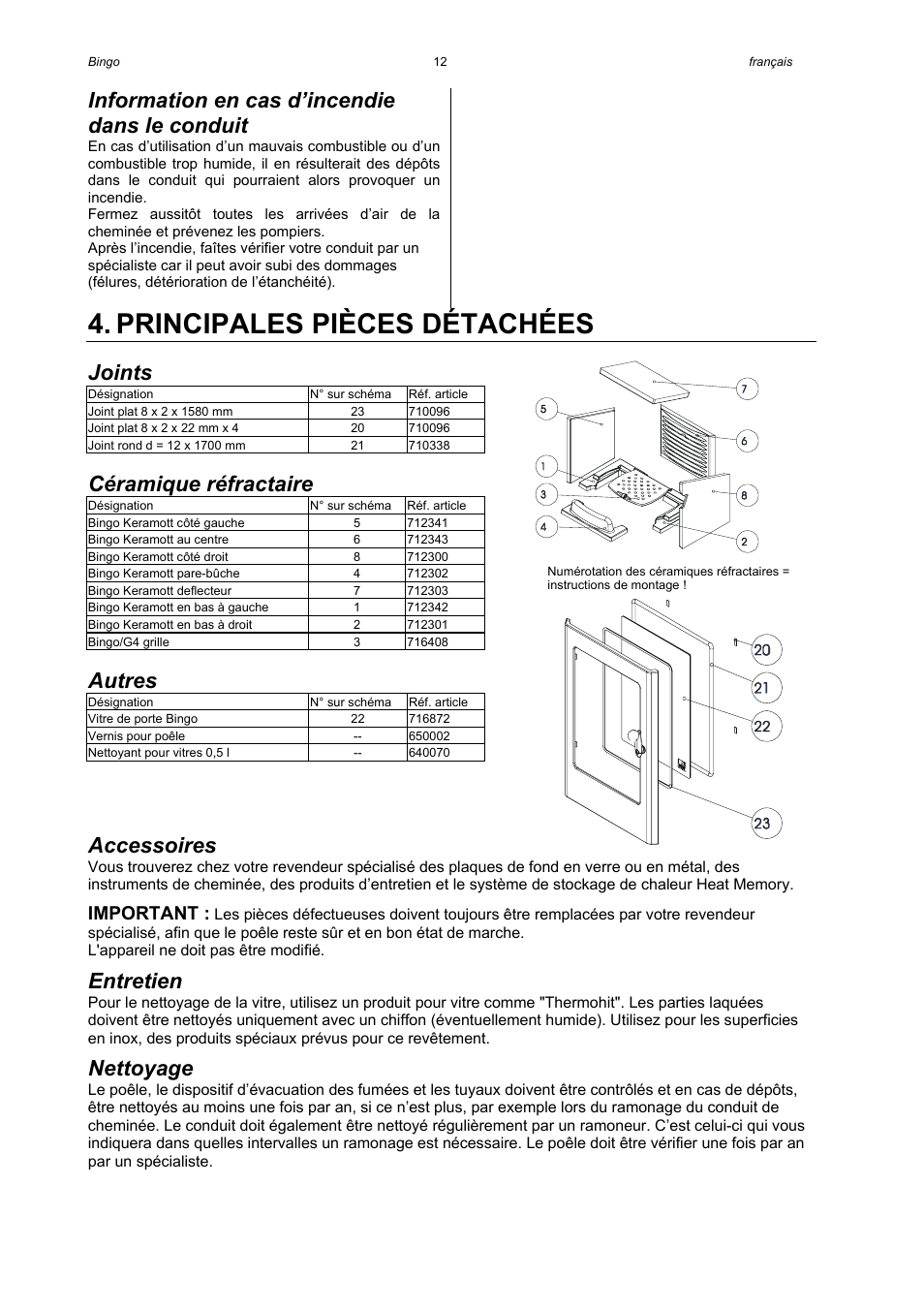 Principales pièces détachées, Information en cas d’incendie dans le conduit, Joints | Céramique réfractaire, Autres, Accessoires, Entretien, Nettoyage, Important | Austroflamm Bingo User Manual | Page 14 / 16
