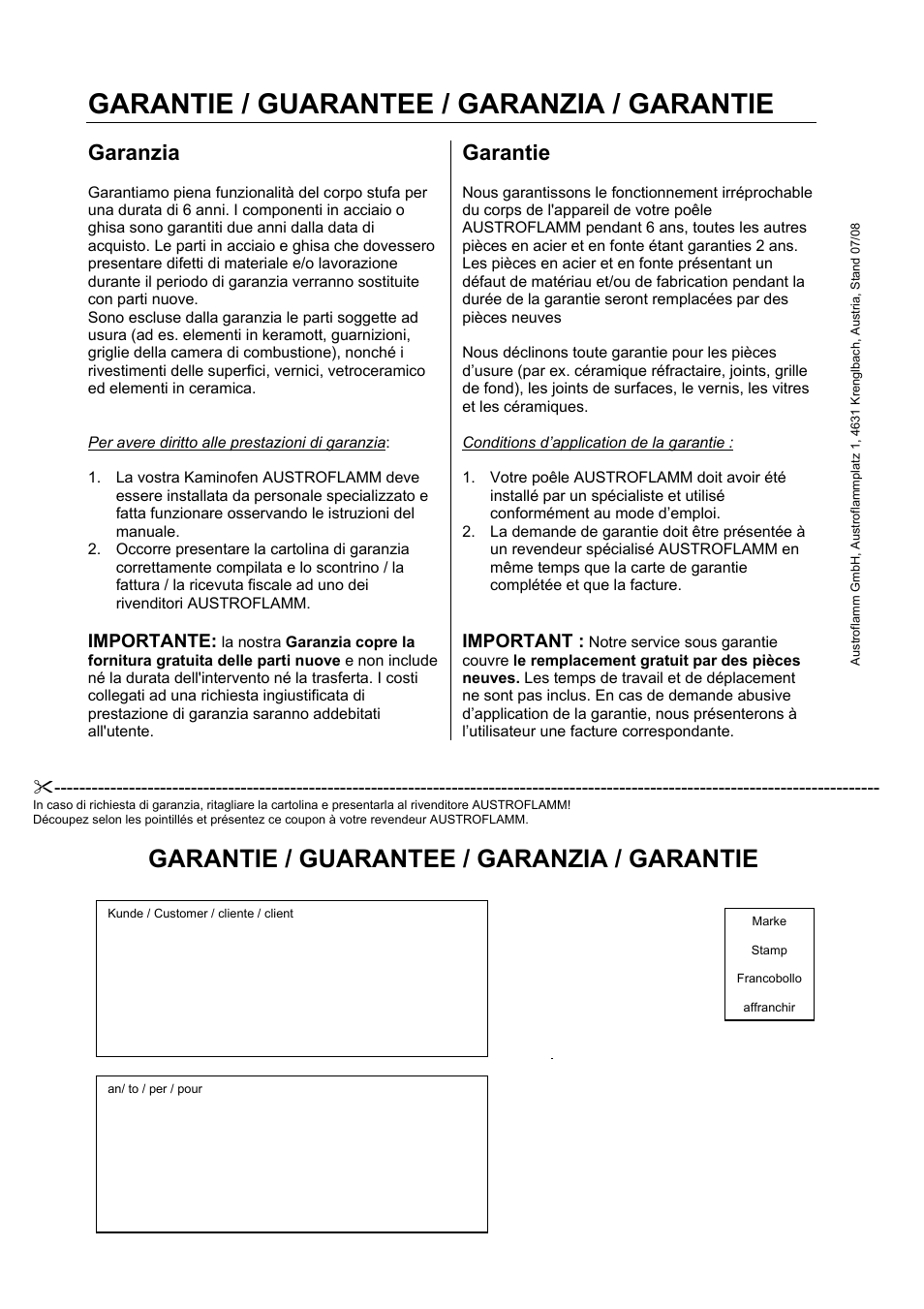 Garantie / guarantee / garanzia / garantie, Garanzia, Garantie | Importante, Important | Austroflamm Bingo User Manual | Page 16 / 16